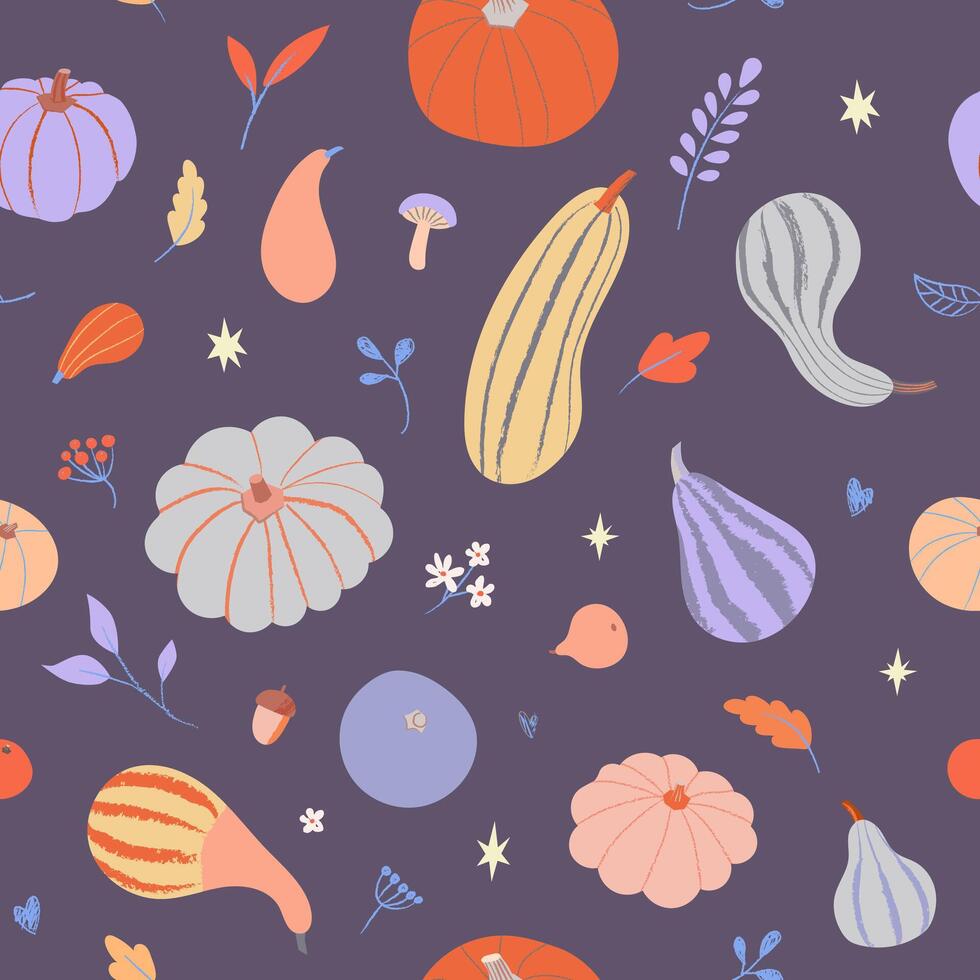 Thanksgiving seamless pattern. Trendy Fall elements illustration with colorful pumpkins and leaves on violet background. Vibrant design for autumn season textile and wallpaper vector