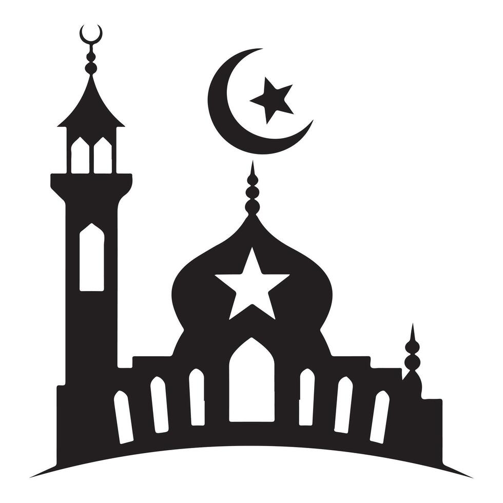 A graphic illustration of a mosque silhouette Islamic backdrop greetings for Eid Mubarak vector
