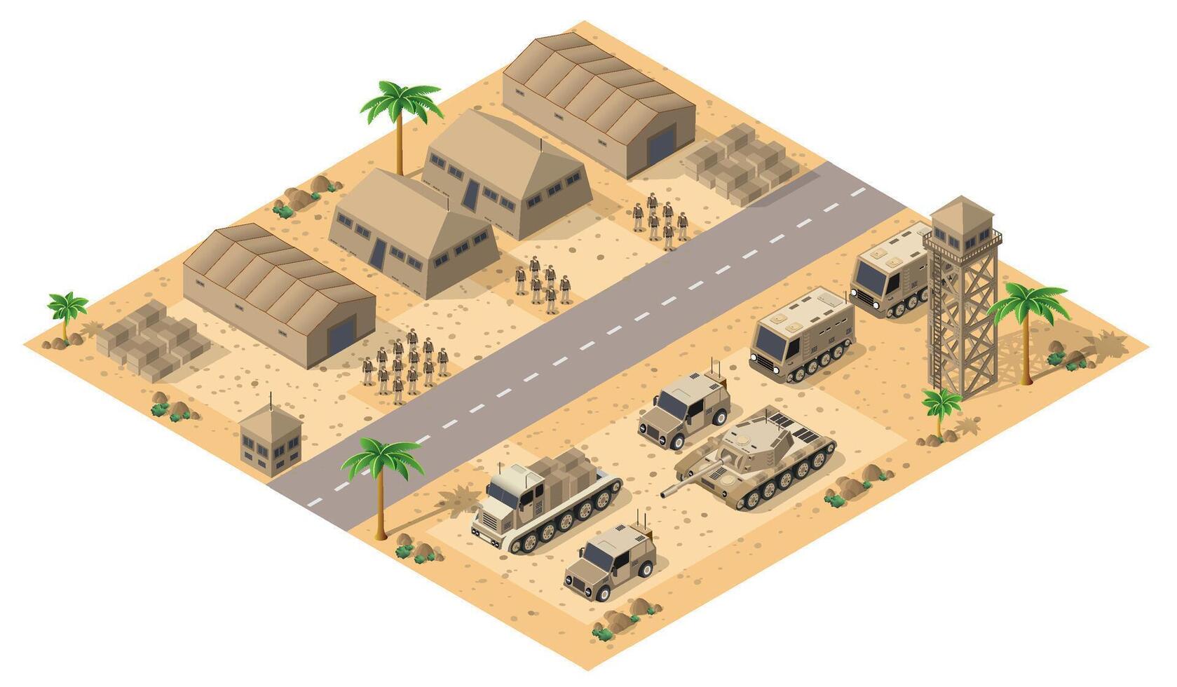 Isometric illustration of military camp and vehicles vector