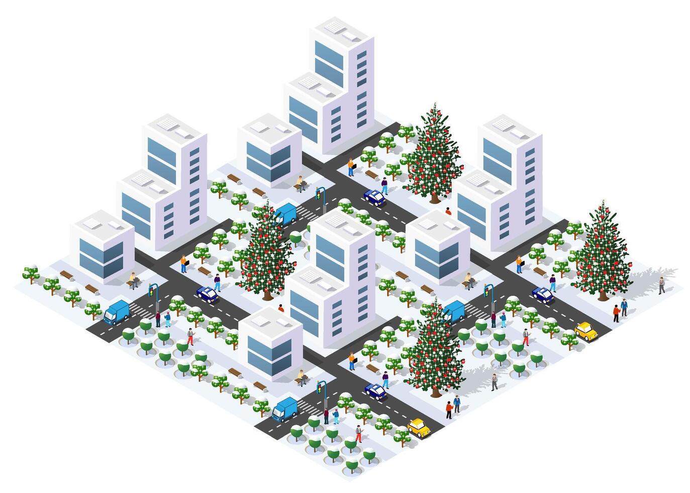 Isometric city with christmas trees and people vector