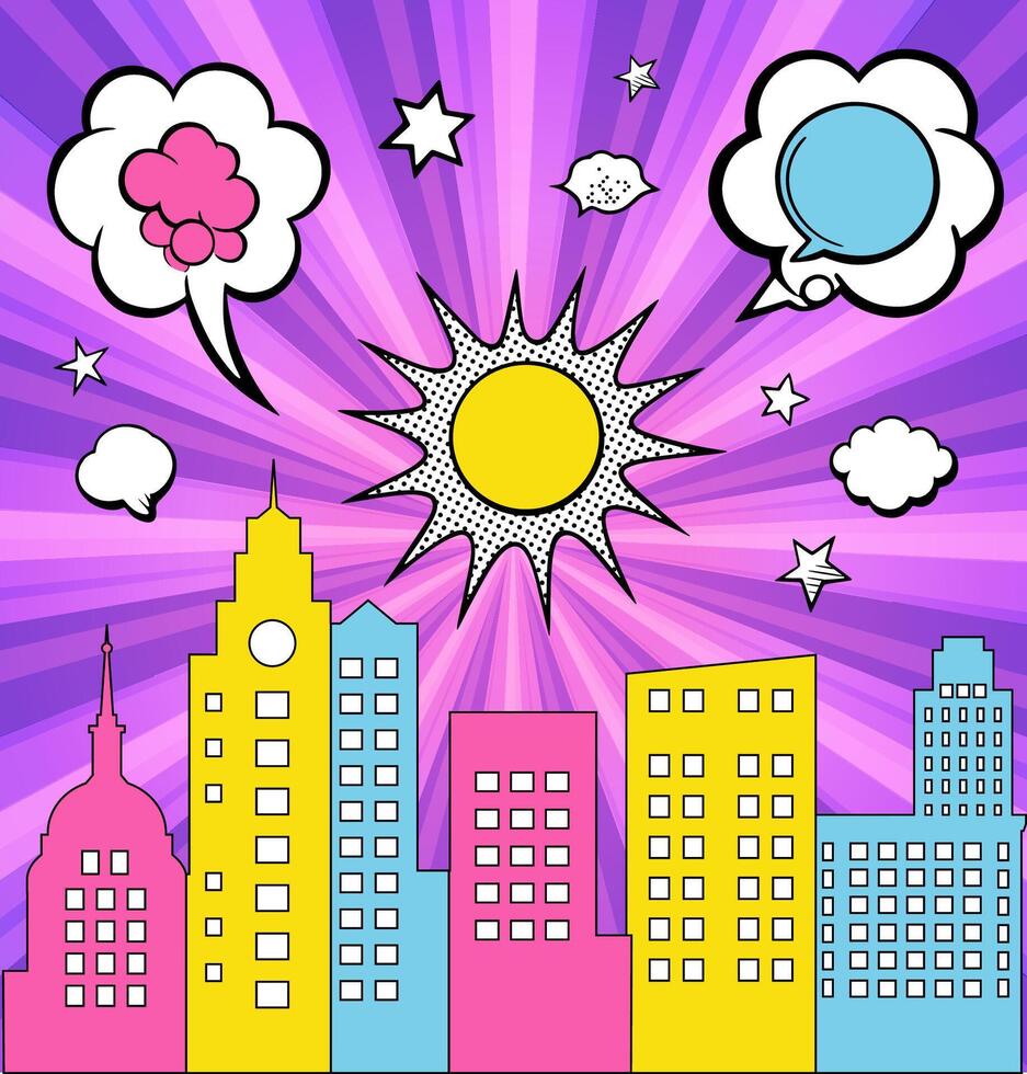 Comic book style city with speech bubbles and sun vector