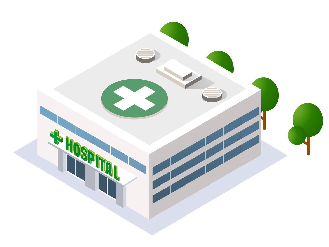 Isometric hospital building with green cross on top vector