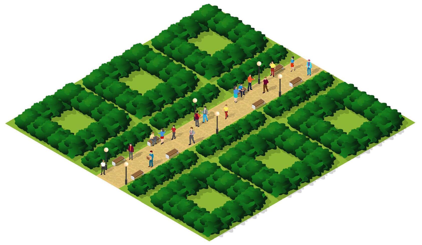 Isometric view of a park with people walking through it vector