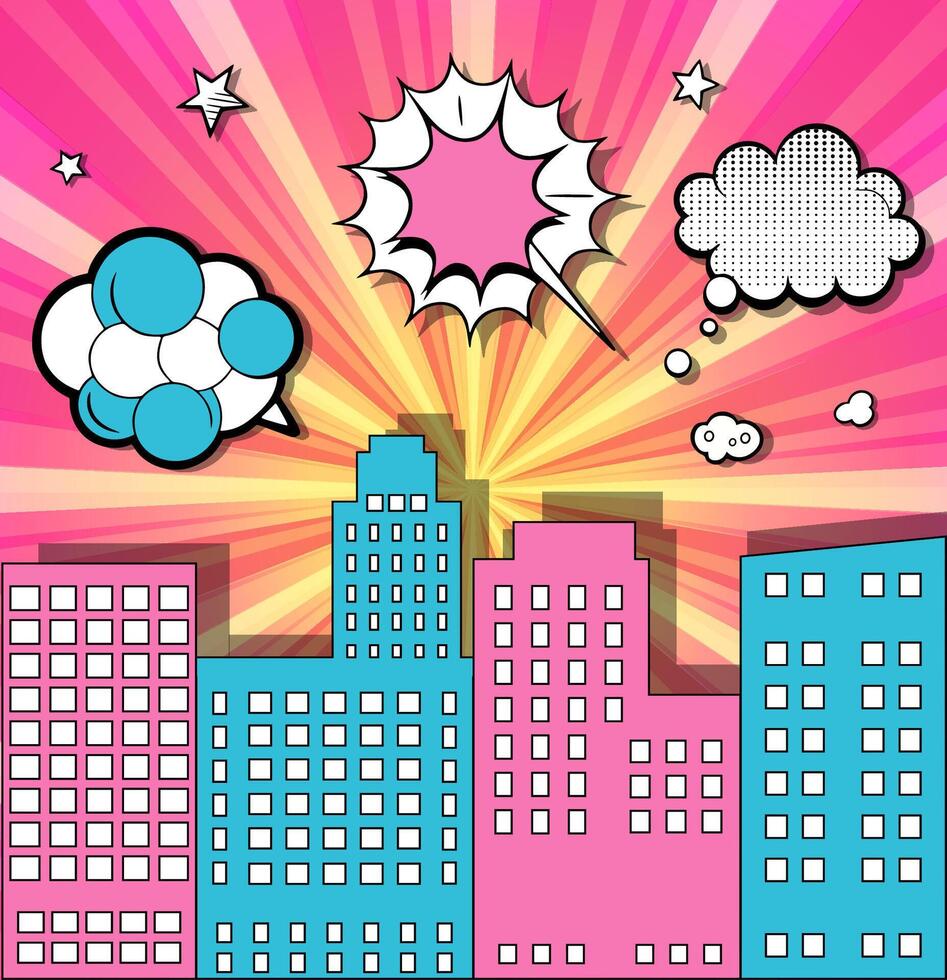 Comic book style city with speech bubbles and clouds vector