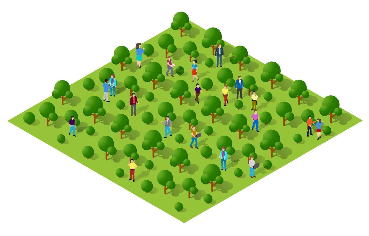 Isometric illustration of people in the forest vector