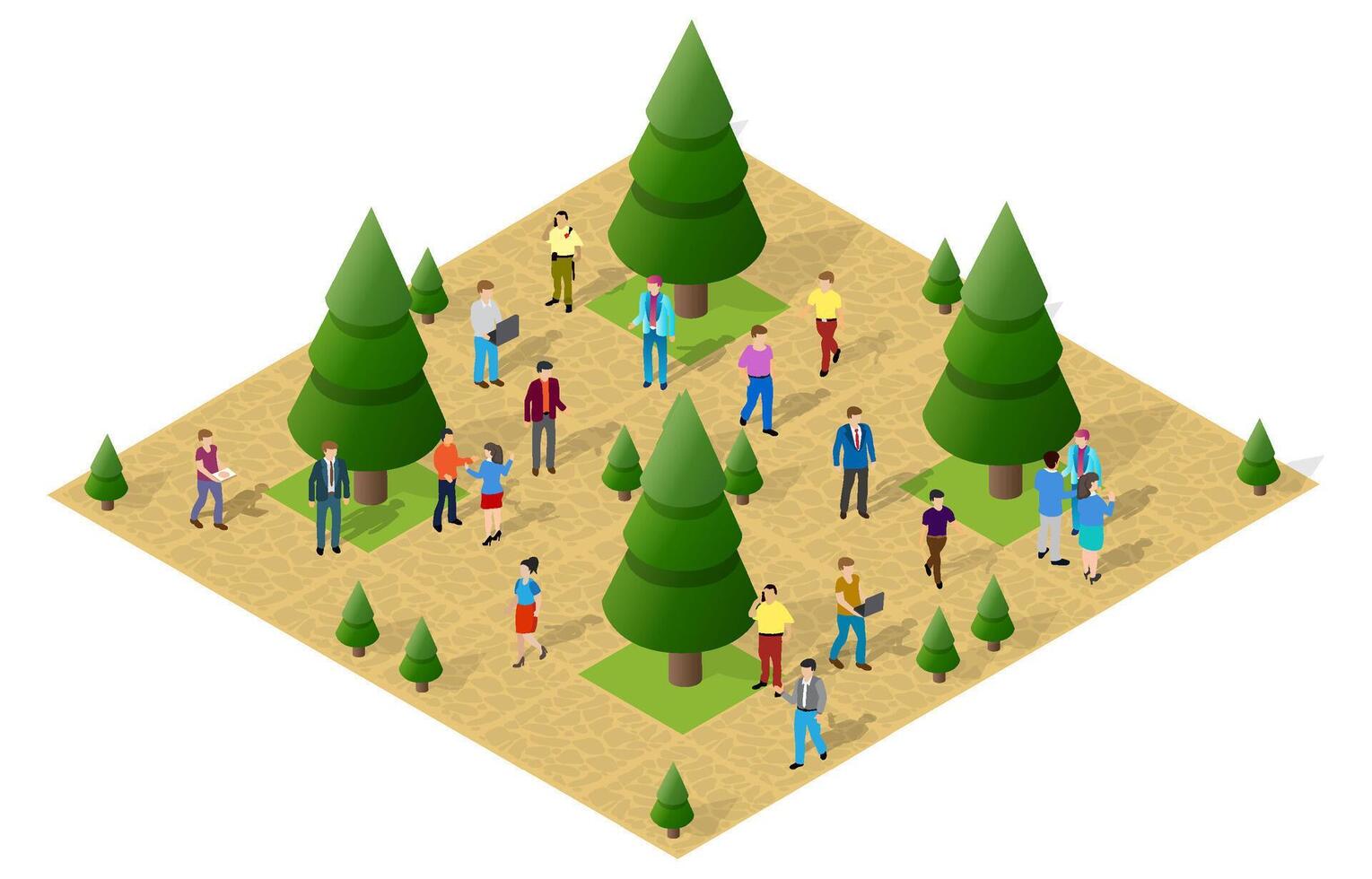 Isometric illustration of people in a forest vector
