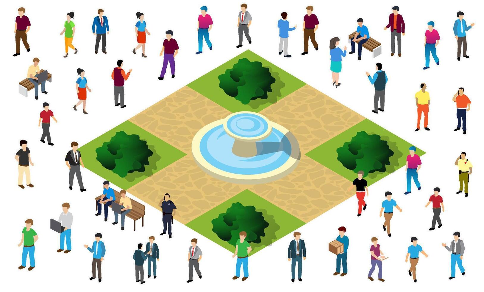 Isometric people in the park with fountain illustration vector