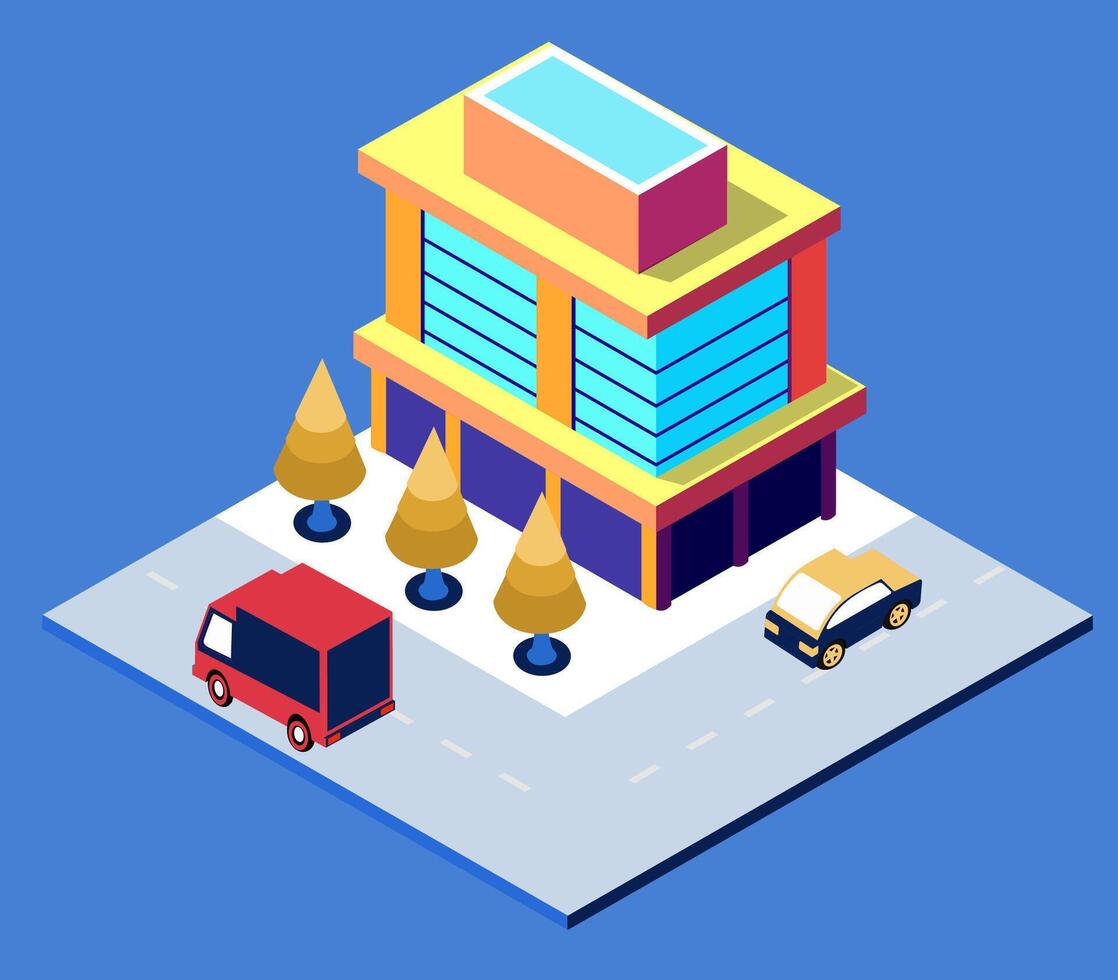 An illustration of a building with a car and a truck vector