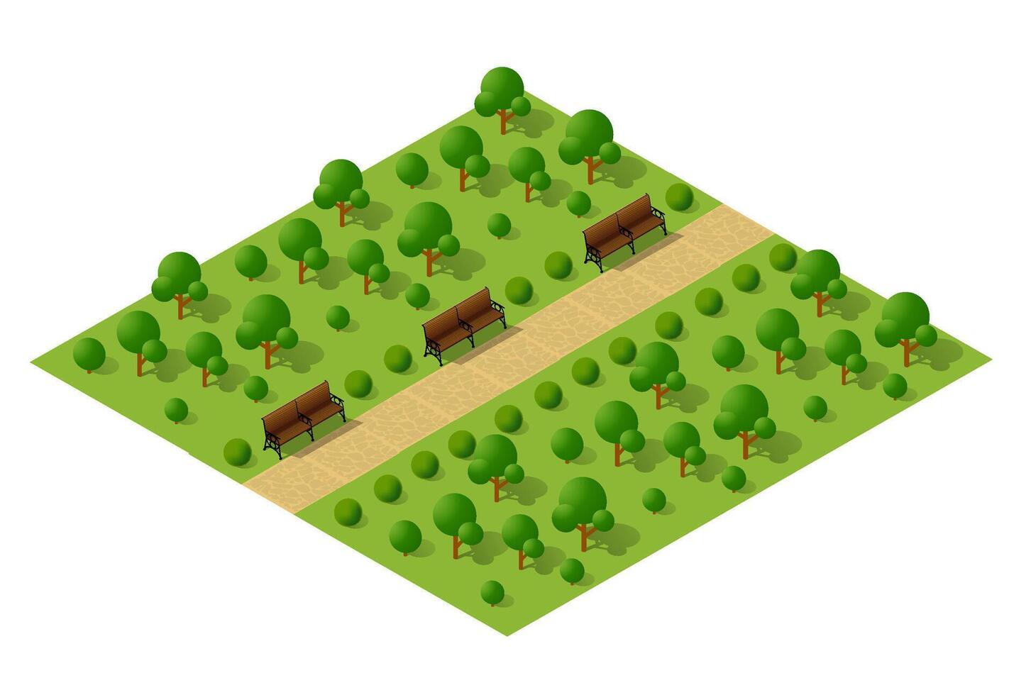 Isometric park with benches and trees vector