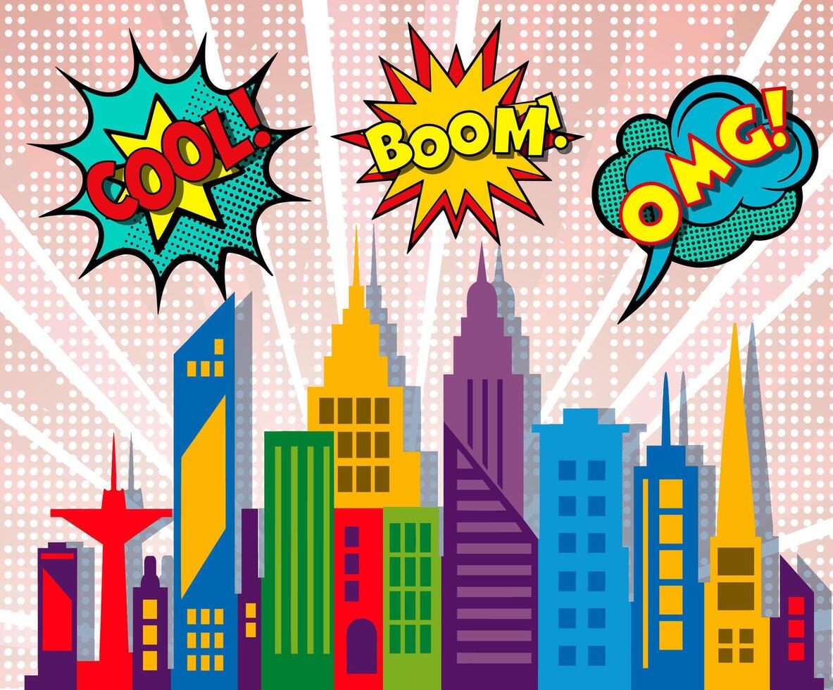 Comic book style city with speech bubbles and buildings vector