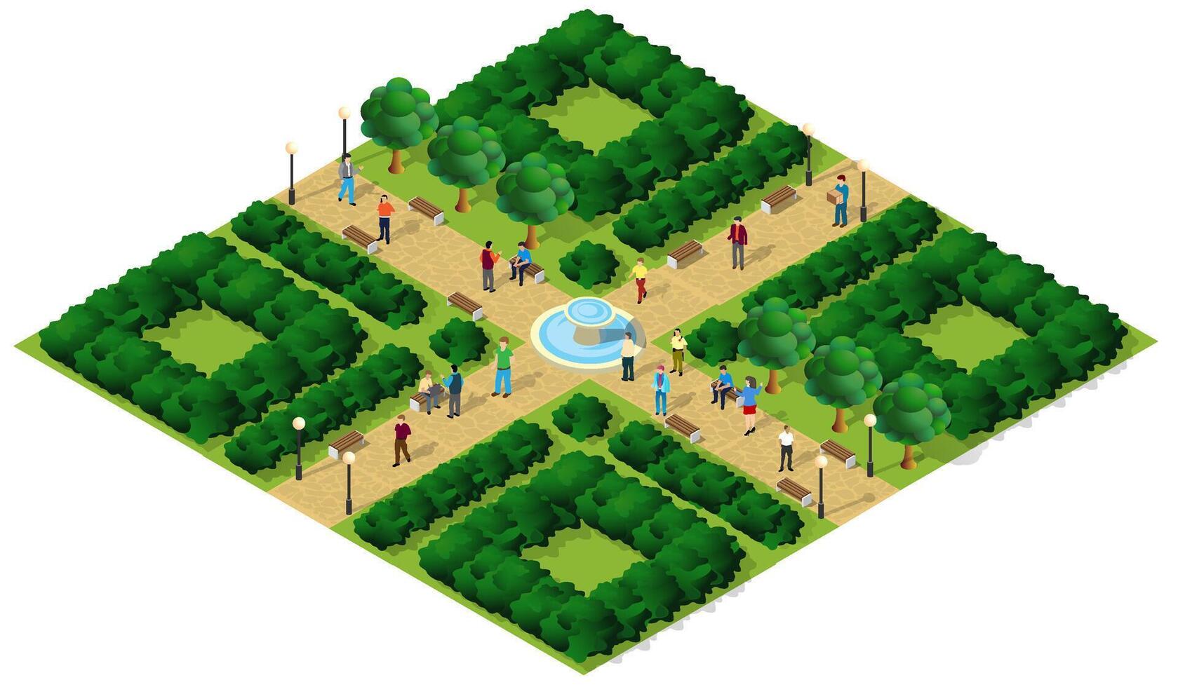 Isometric park with people and trees vector