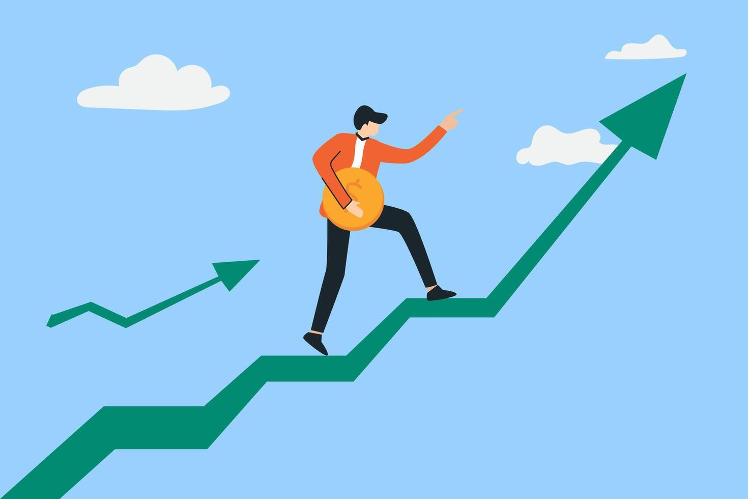 successful business person holding coins on a rising graph. success, ideas, growth, international business and strategy. vector