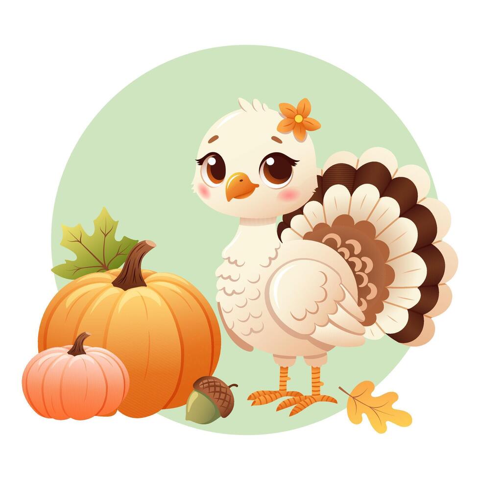 illustration of Thanksgiving turkey with pumpkins, acorn, and autumn leaves in soft pastel colors vector