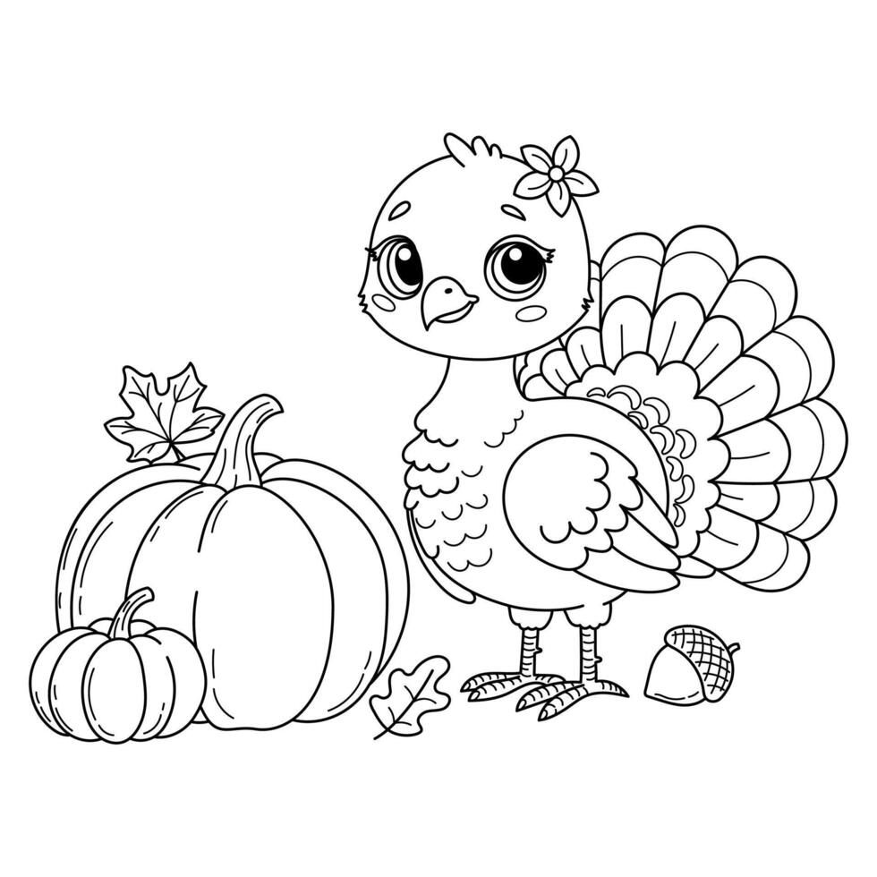 Line art illustration for Thanksgiving featuring cute turkey with pumpkins and autumn leaves. Perfect for coloring pages vector