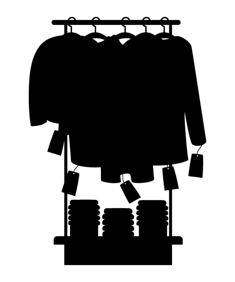 Shopping, sale. Store Shop rack with clothes on hangers with price tag. Silhouette drawing. Concept Season purchase, Christmas and New Year gifts. Black Friday. vector