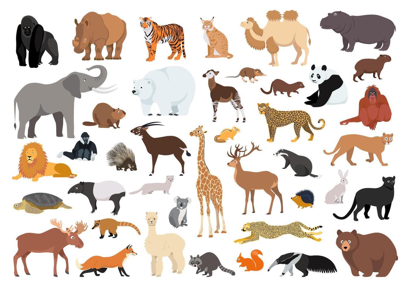 Big set of wild animals. Collection of cute characters of animal world in flat style, isolated on white vector