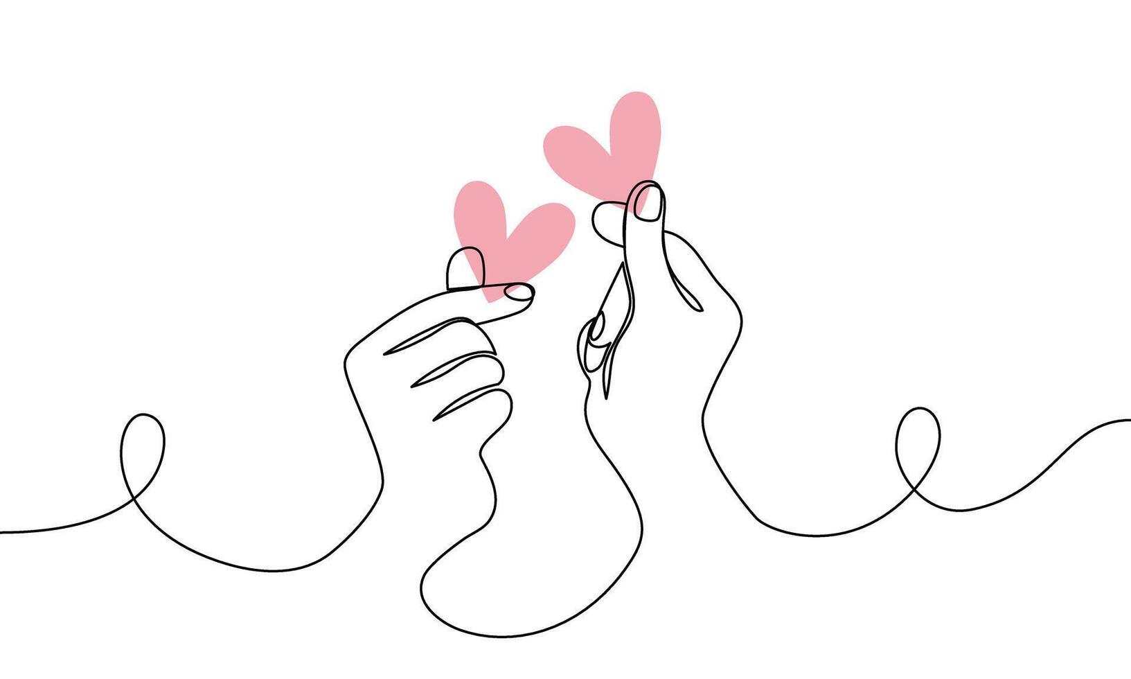 Banner continuous line heart gesture, finger heart. Line art two hands, korean heart. Love. Valentines day. Hand drawn art vector