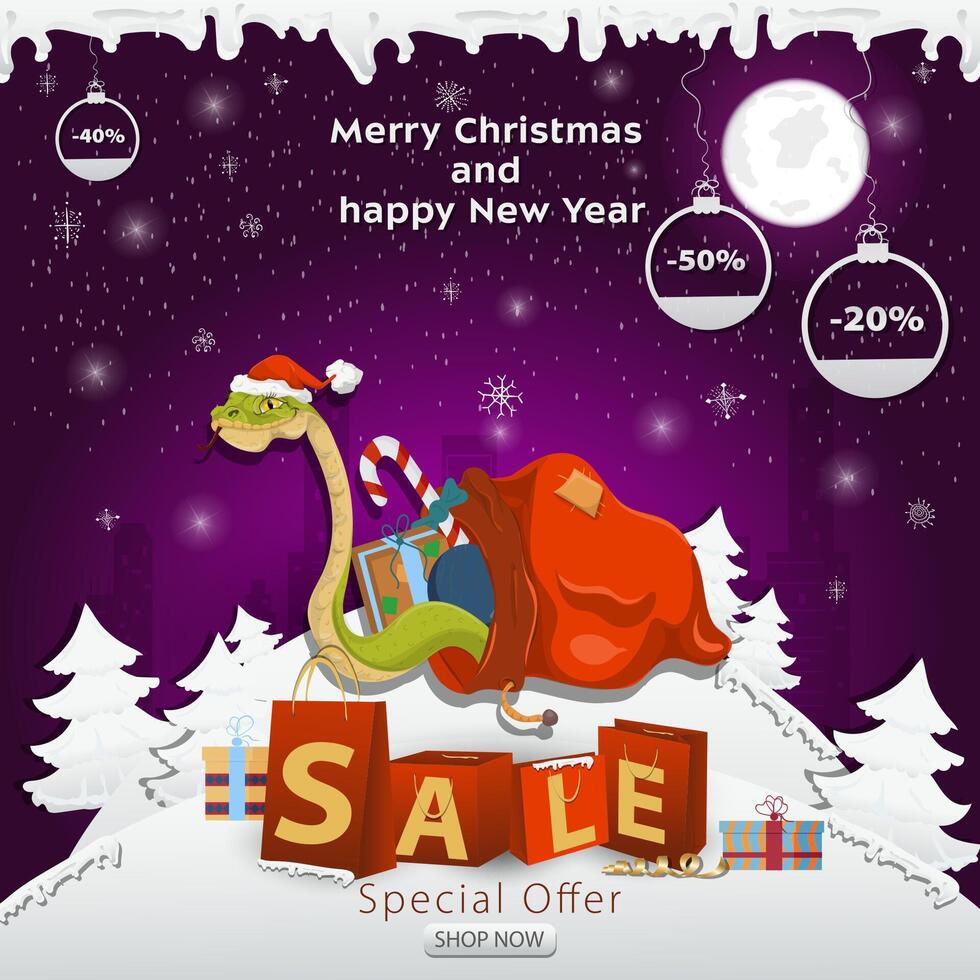A Christmas sale banner with an inscription in the form of packages in a snowy clearing A snake in a Santa hat crawls out of a bag with gifts vector