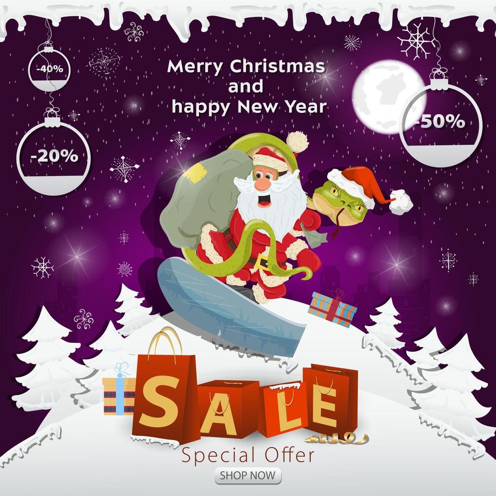 A Christmas sale banner with an inscription in the form of packages on a snow glade a snake and Santa Claus on a snowboard vector