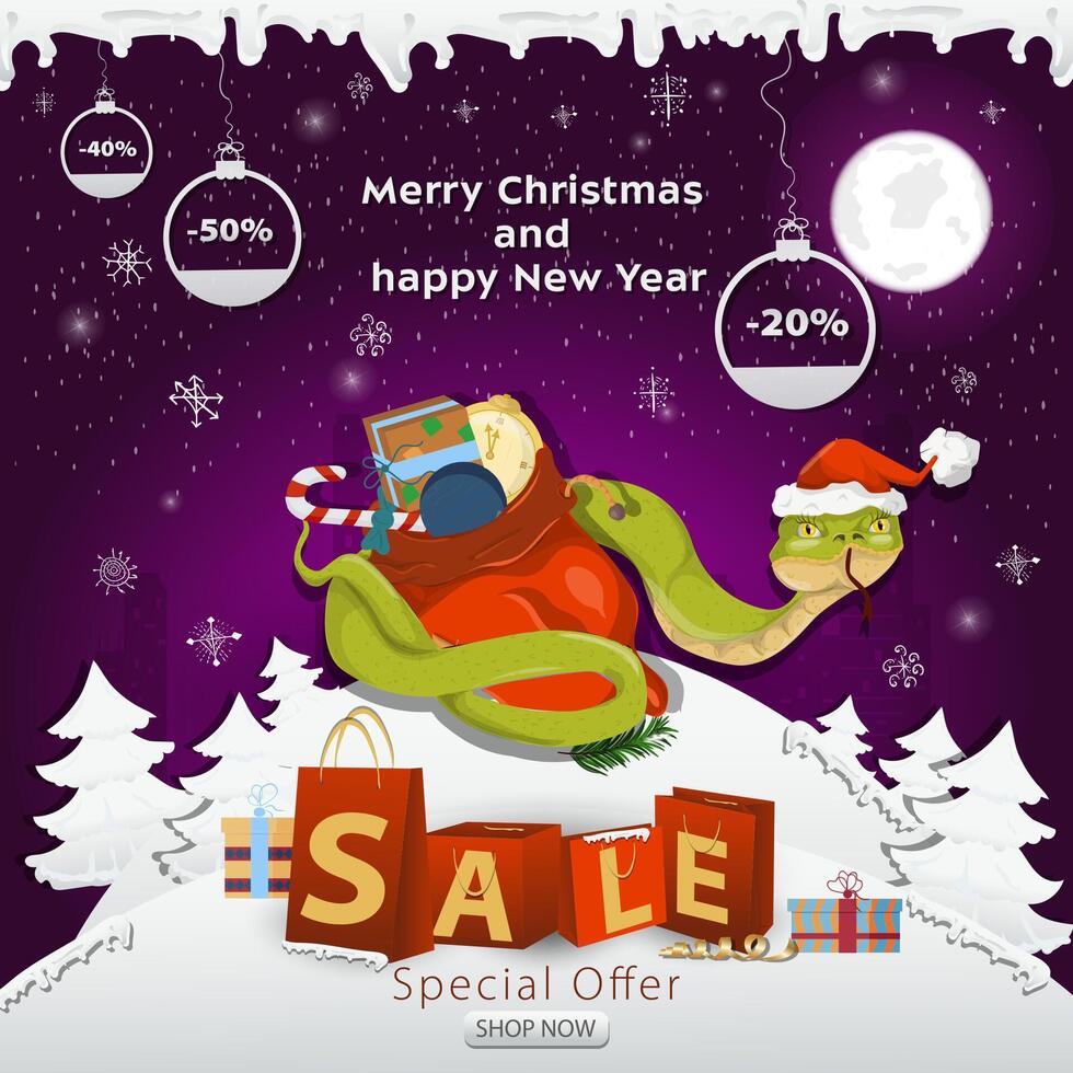 A Christmas sale banner with an inscription in the form of packages in a snowy clearing a snake in a Santa hat wraps around a bag of gifts vector