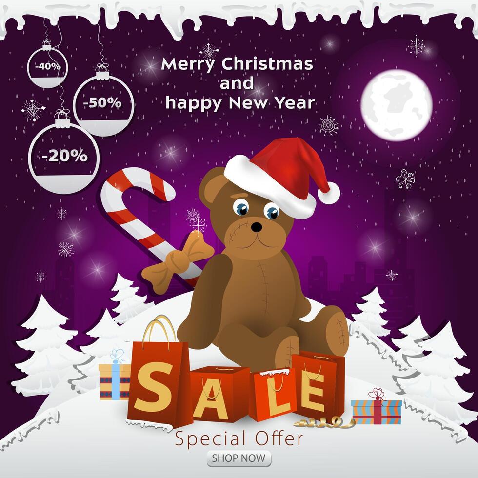 A Christmas sale banner with an inscription in the form of packages in a snowy clearing a teddy bear toy in a Santa Claus hat vector
