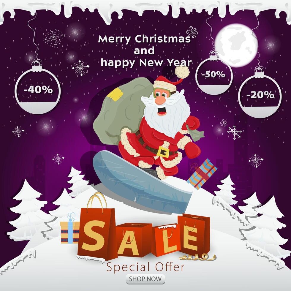 Christmas sale banner inscription in the form of packages in a snowy clearing Santa Claus with a bag of gifts on a snowboard vector