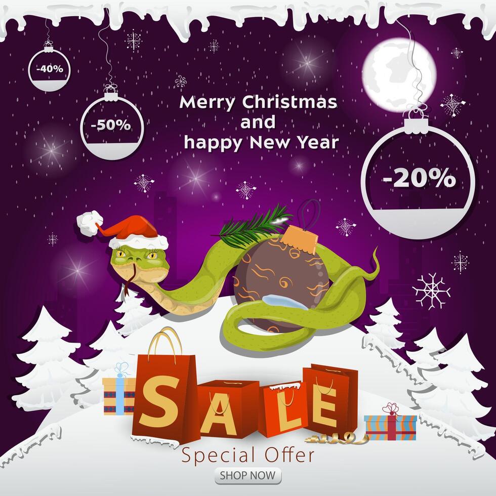 A Christmas sale banner with an inscription in the form of packages in a snowy clearing A snake in a Santa hat wraps around a Christmas ball vector