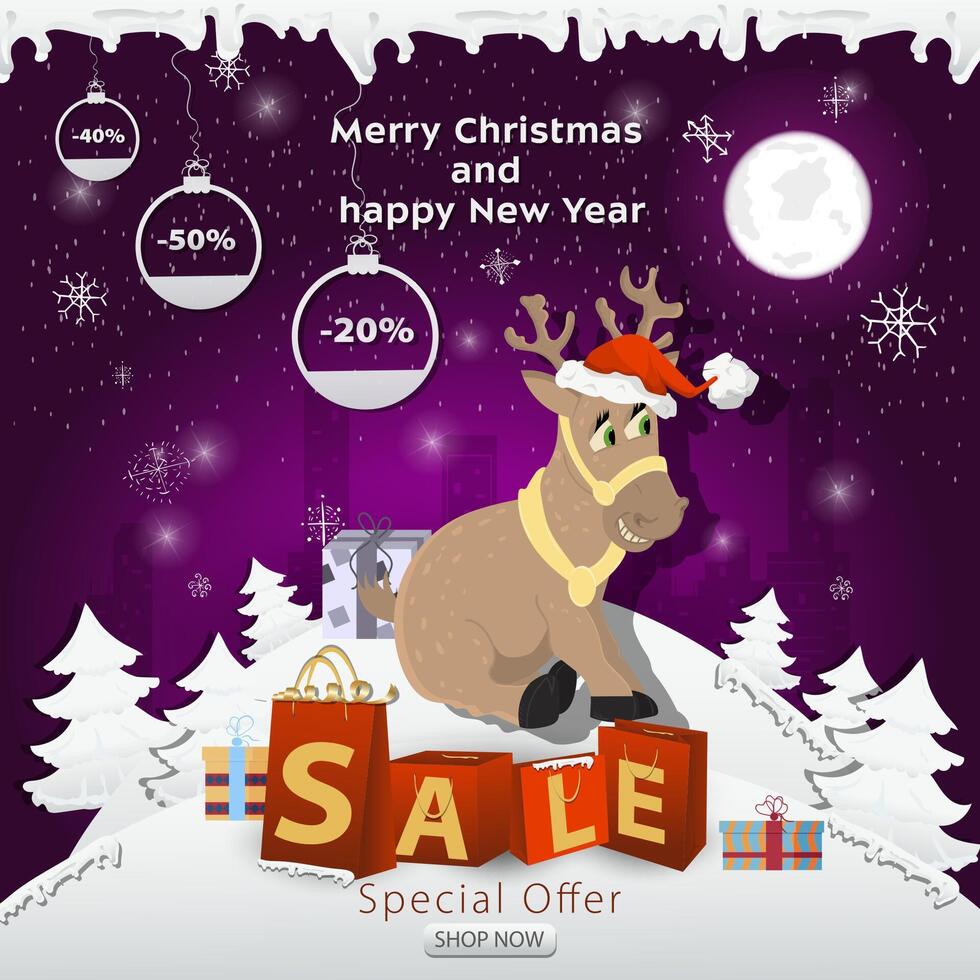 A Christmas sale banner with an inscription in the form of packages in a snowy clearing a deer in a Santa Claus hat vector