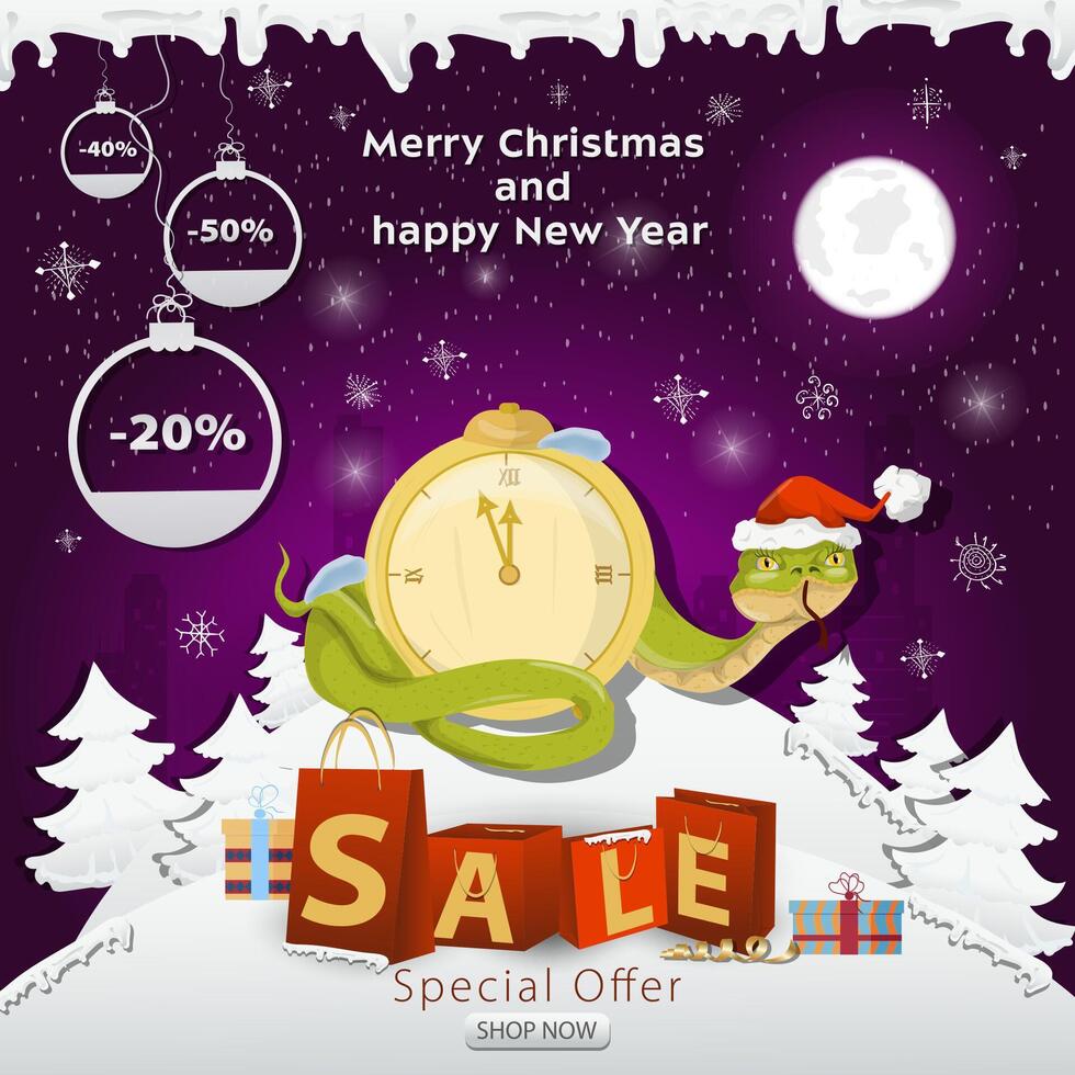 A Christmas sale banner with an inscription in the form of packages in a snowy clearing A snake in a Santa hat wraps around a watch vector