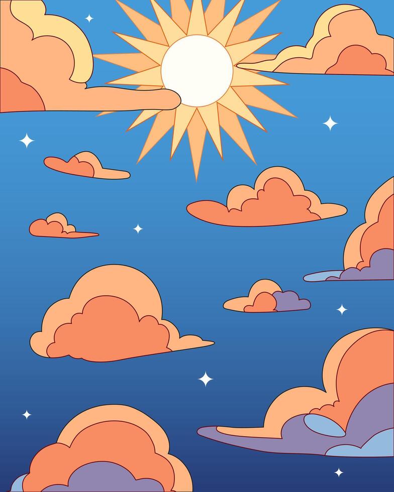 Sky background with sun, clouds and stars. Beautiful background with colorful clouds vector