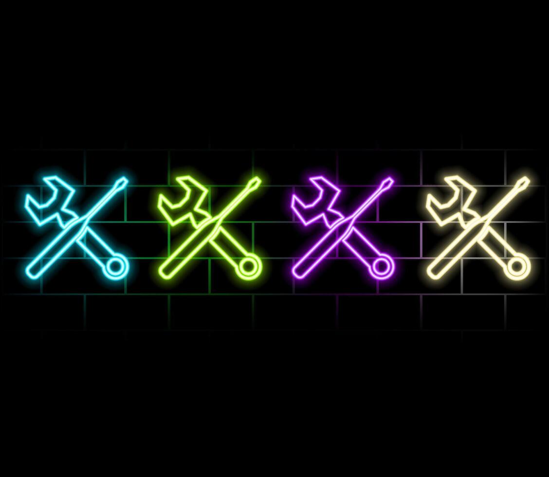 Neon light speech bubble. Hammer and screwdriver line icon. Repair service sign. Fix instruments symbol. Neon light background. Hammer tool glow line. Brick wall banner. .green vector