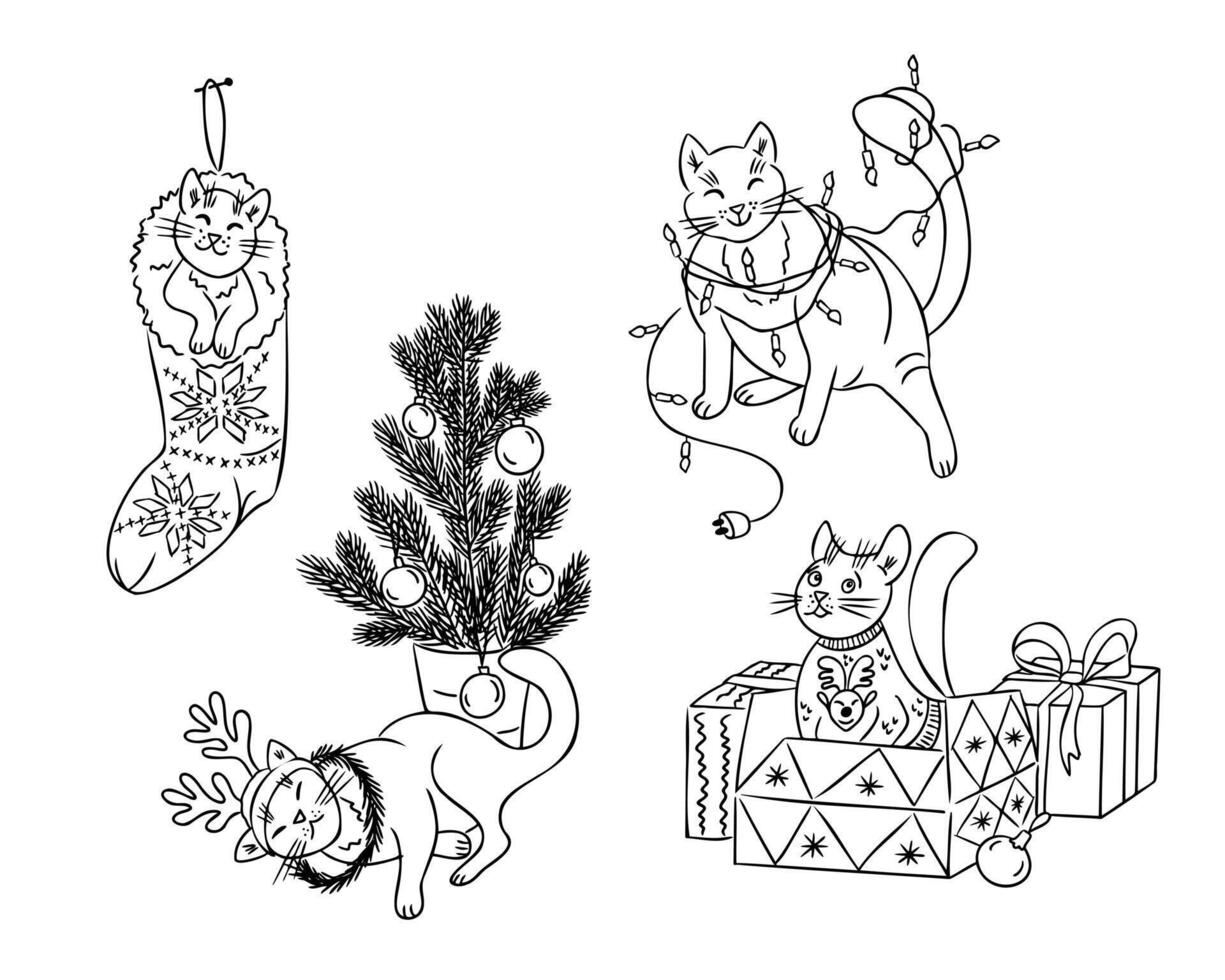 Funny contour doodle cats with Christmas tree and decorations. Hand drawn lights, gifts, sock and cats isolated on white background. Childish composition for coloring pages, stickers vector