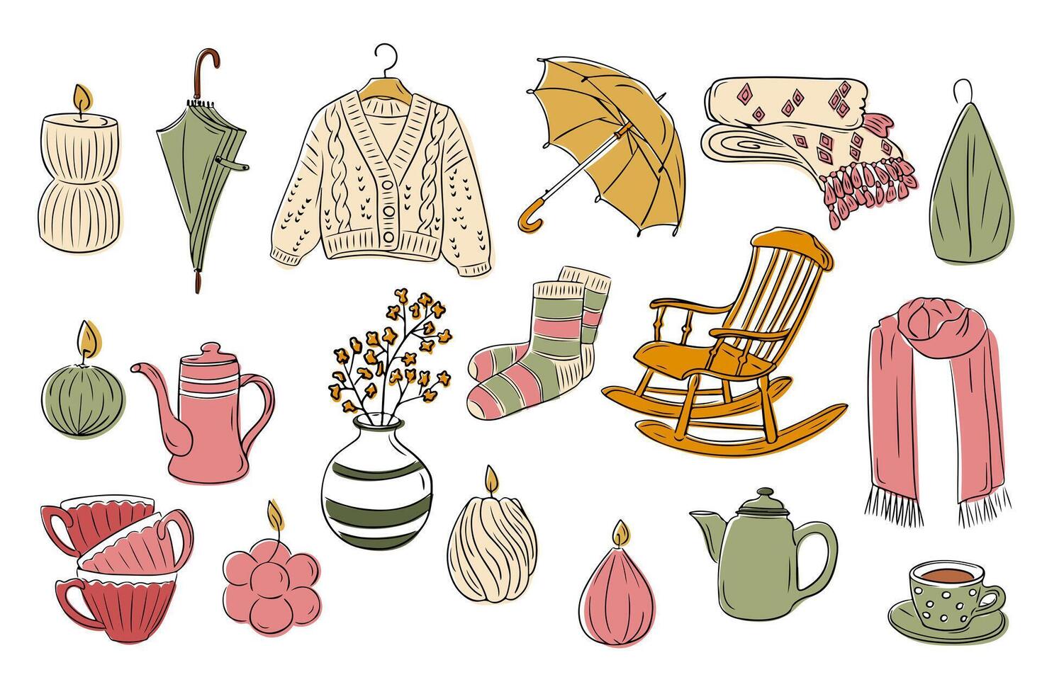 Cozy hygge doodle set with autumn and winter elements like candles, knit sweater, umbrella, rocking chair, tea set, socks, and blankets, evoking warmth and comfort. Hand drawn items vector