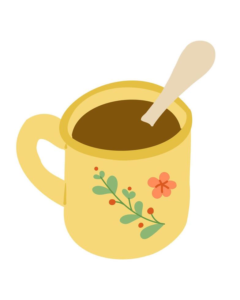 Yellow hand drawn mug filled with warm beverage with floral patterns and spoon. Tea cup illustration isolated on white background vector