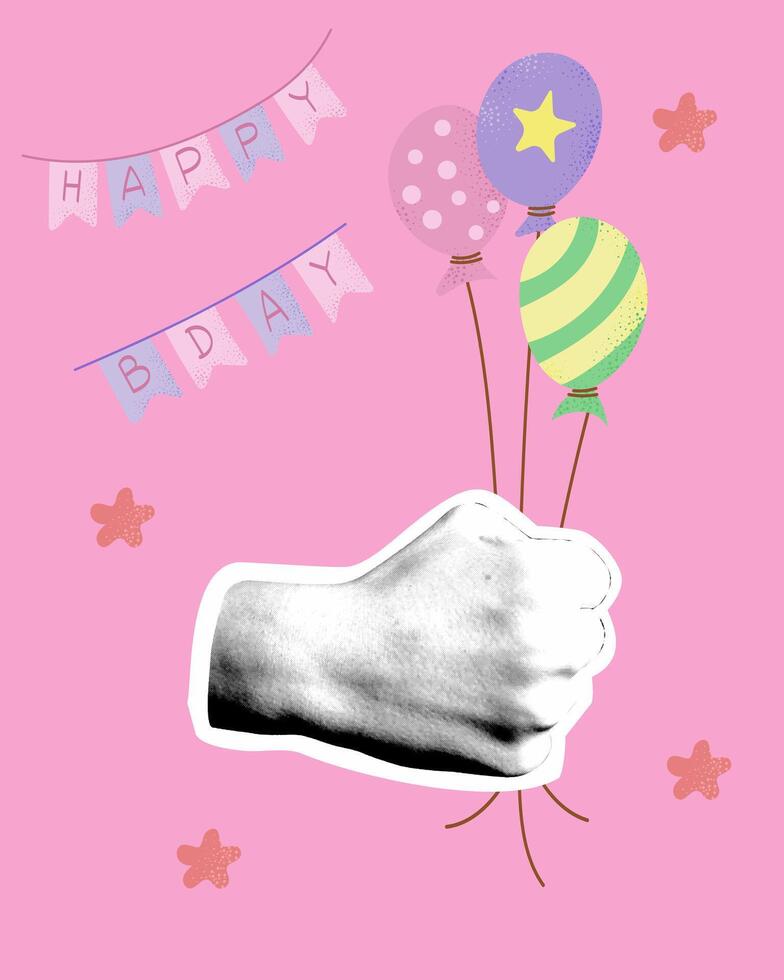 Birthday collage with halftone hand holding colorful balloons with garland on pink background. mix media composition with flat textured illustrations vector