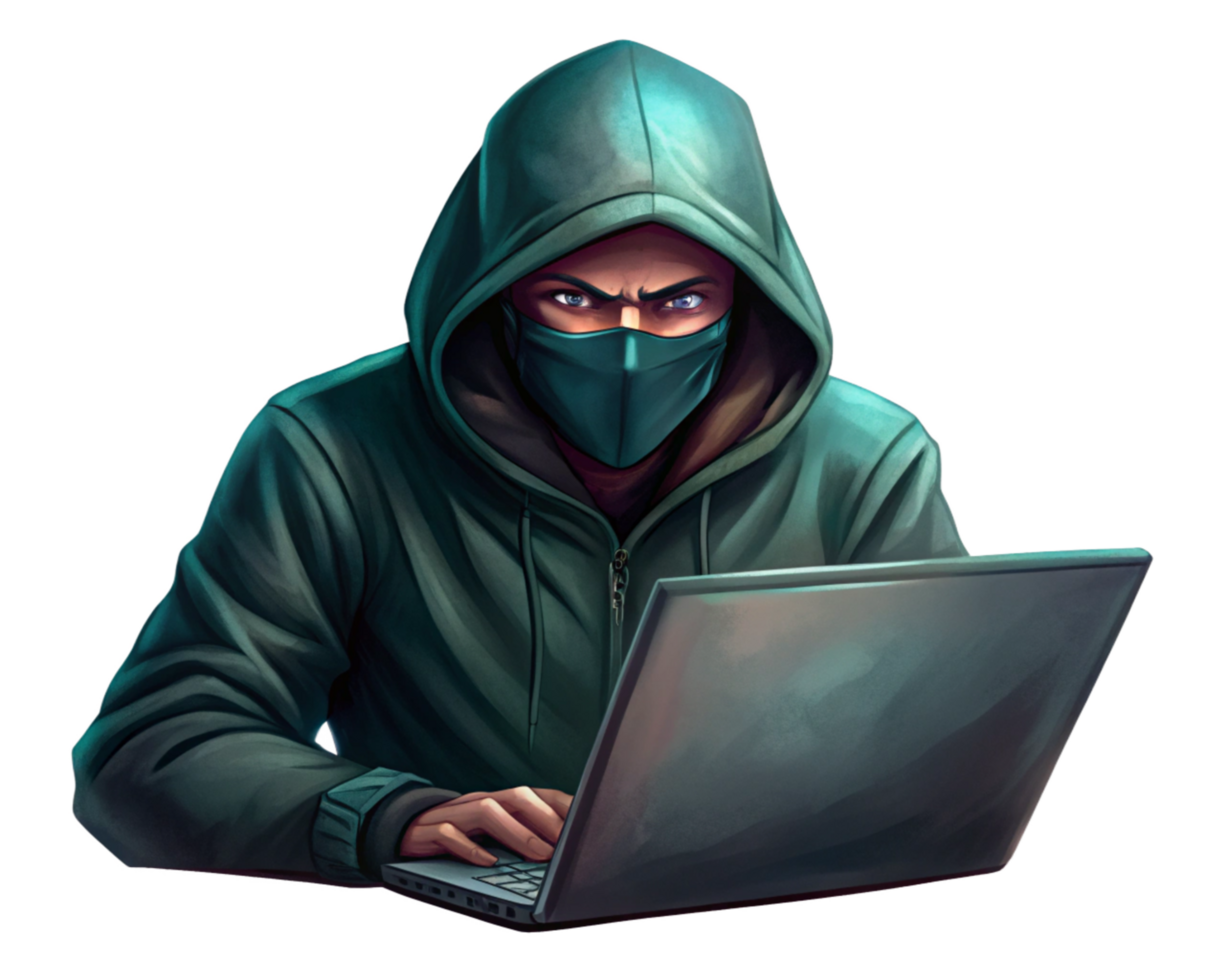 Hacker in Masked Attire Using Laptop in Dark png