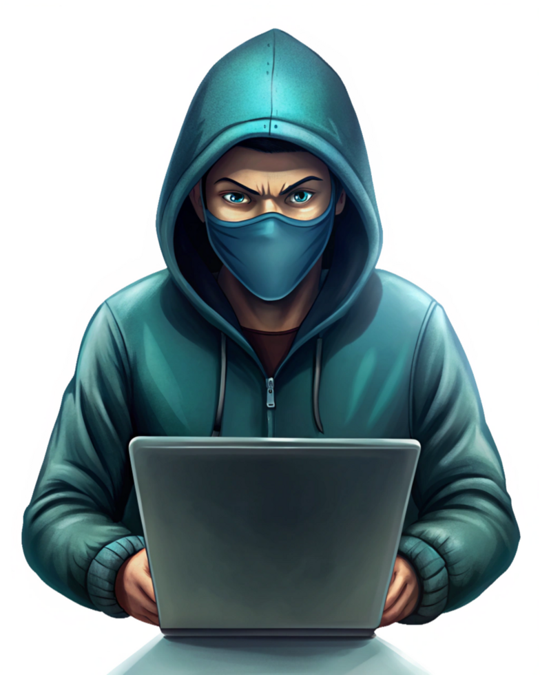 Digital Intruder in Mask Working on Laptop png