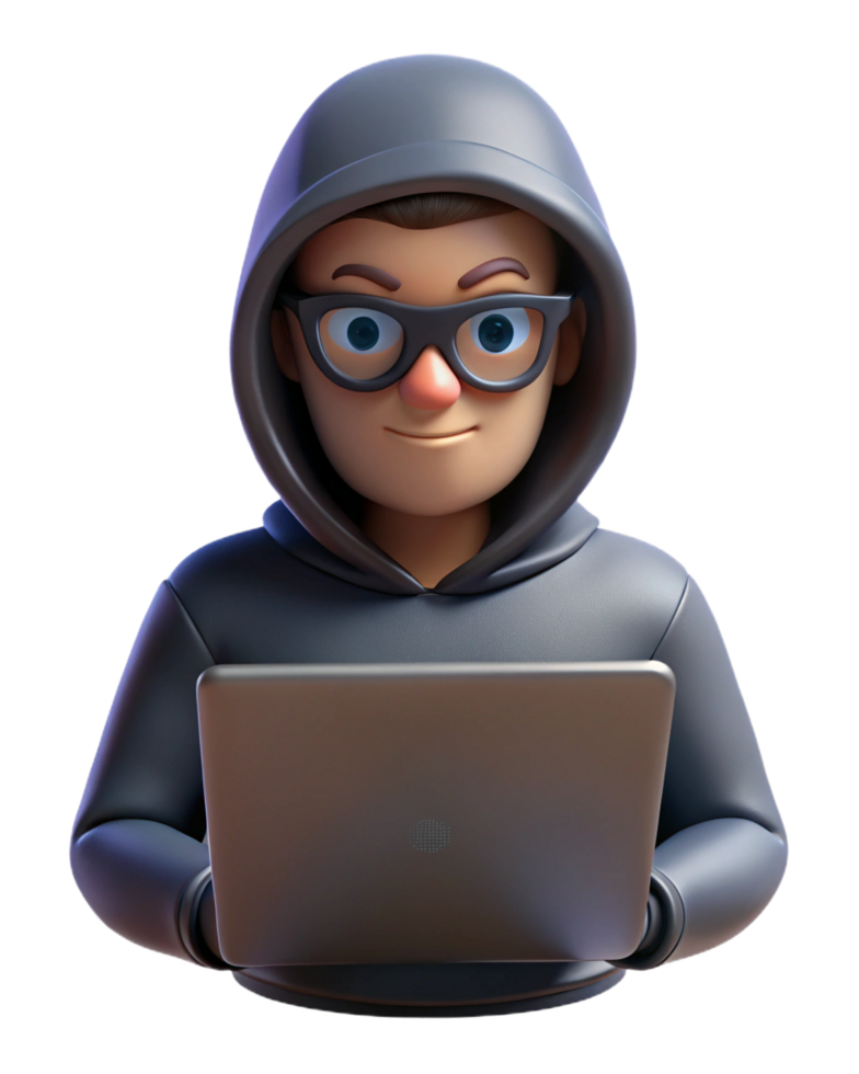 Hacker in Mask and Hood Working on Laptop png