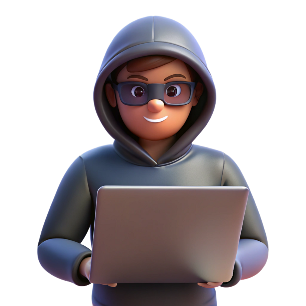 Hacker in Hoodie with Mask Typing on Laptop png