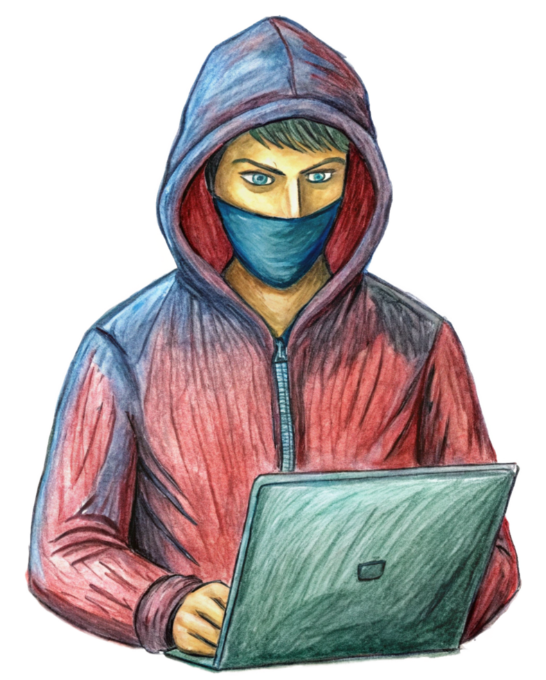 Hooded Figure in Mask Hacking at Laptop png