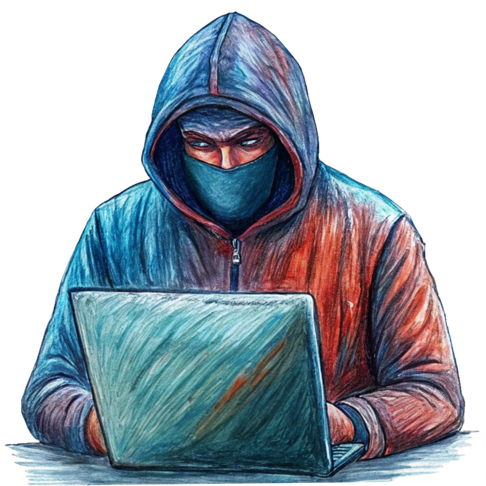 Masked Figure with Hood in Front of Laptop png