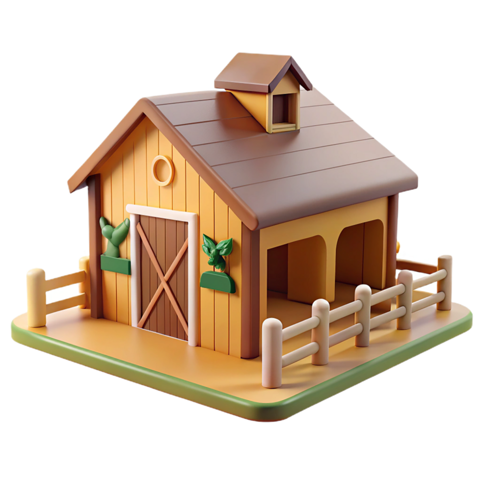 een klein houten huis met een hek en een schuur png