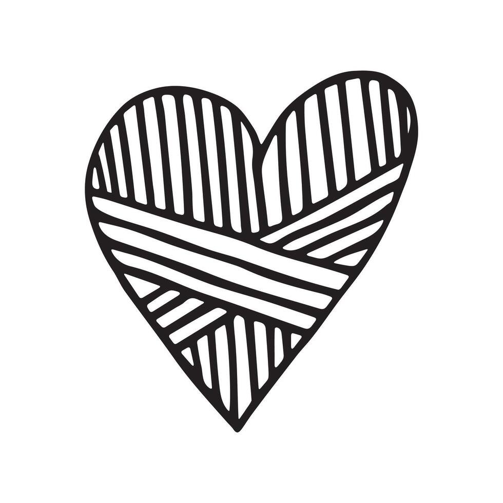 Abstract Doodle Love Icon. Black Contour Shape, Hand-Drawn Style. Geometric Heart Decorated with Hatched Lines. vector