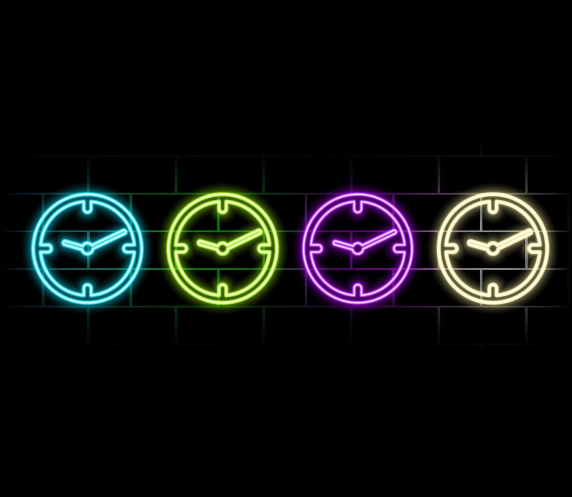 Light glowing clock icon. Neon time symbol, shining watch silhouette, laser fluorescent clock, vector