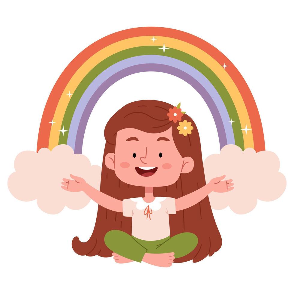 Happy hippie girl sitting under the rainbow.Healthy care, positive life concept in trendy flat style. vector
