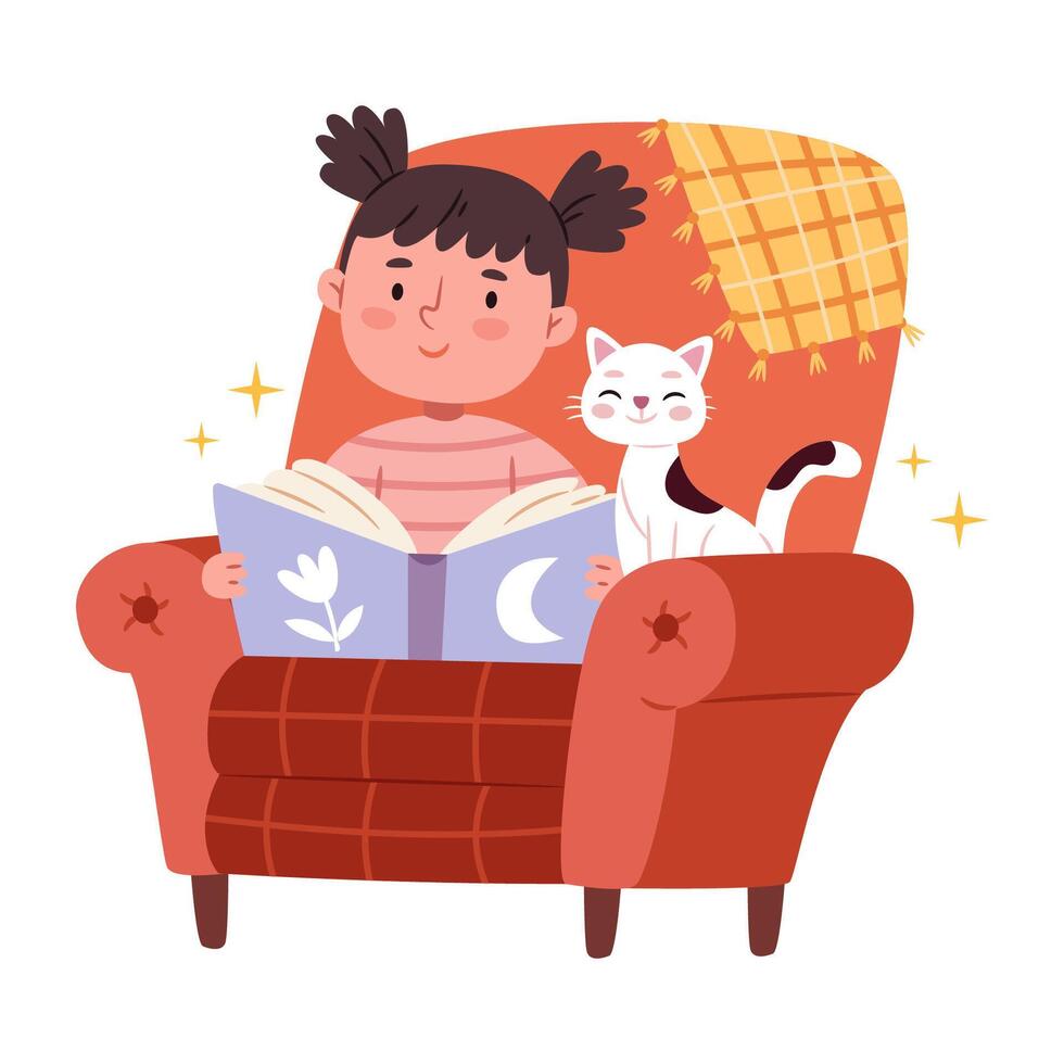 girl is reading a book sitting in a comfortable chair with a cat. Book club. vector