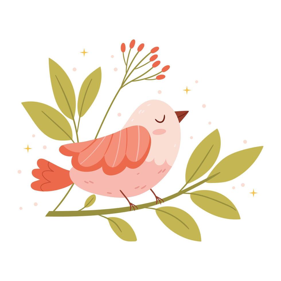 Pink bird on a branch. Spring illustration. vector