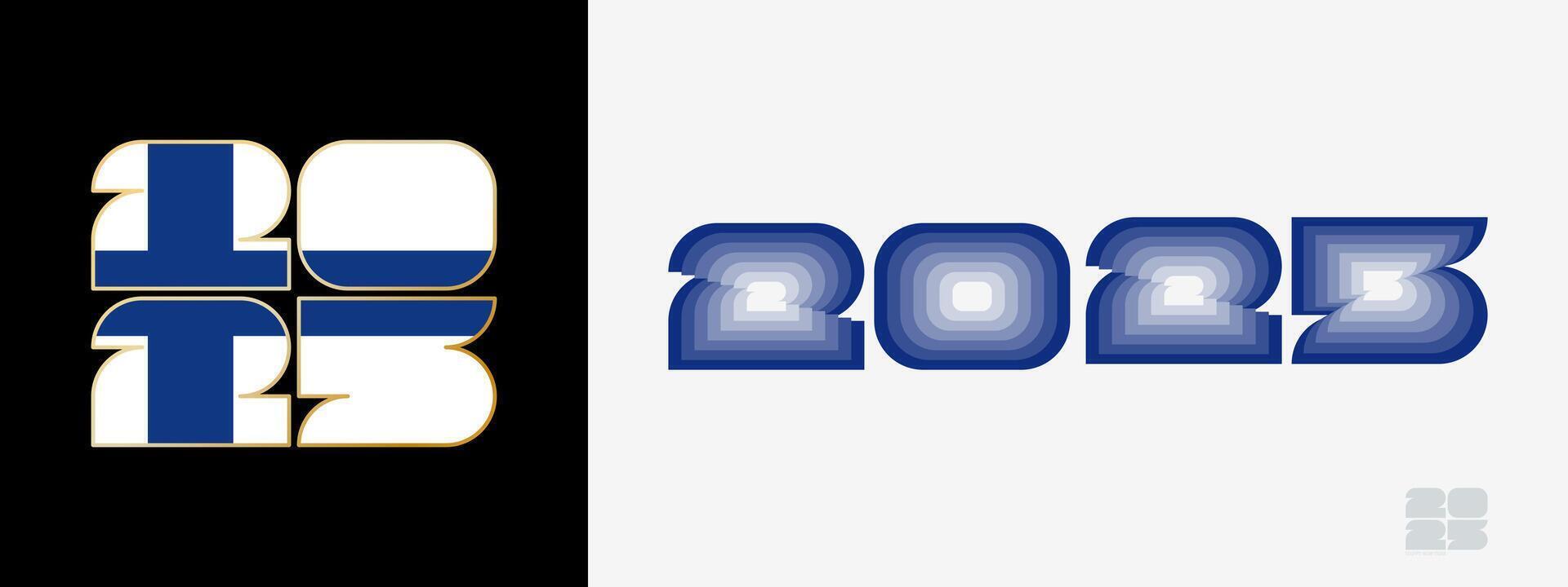 Year 2025 with flag of Finland and in color palate of Finland flag. Happy New Year 2025 in two different style. vector