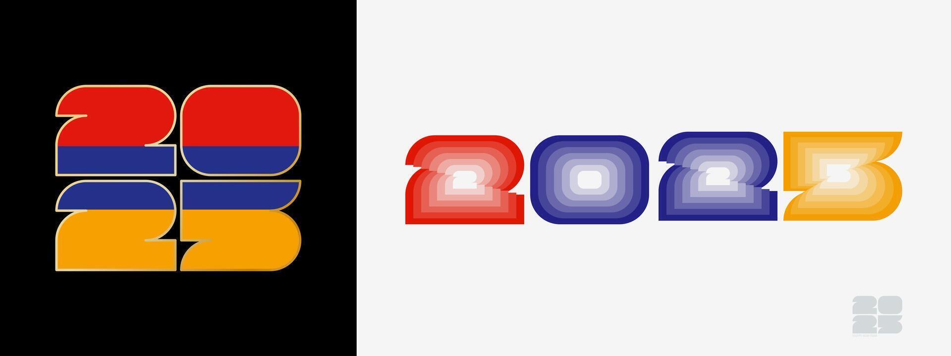 Year 2025 with flag of Armenia and in color palate of Armenia flag. Happy New Year 2025 in two different style. vector