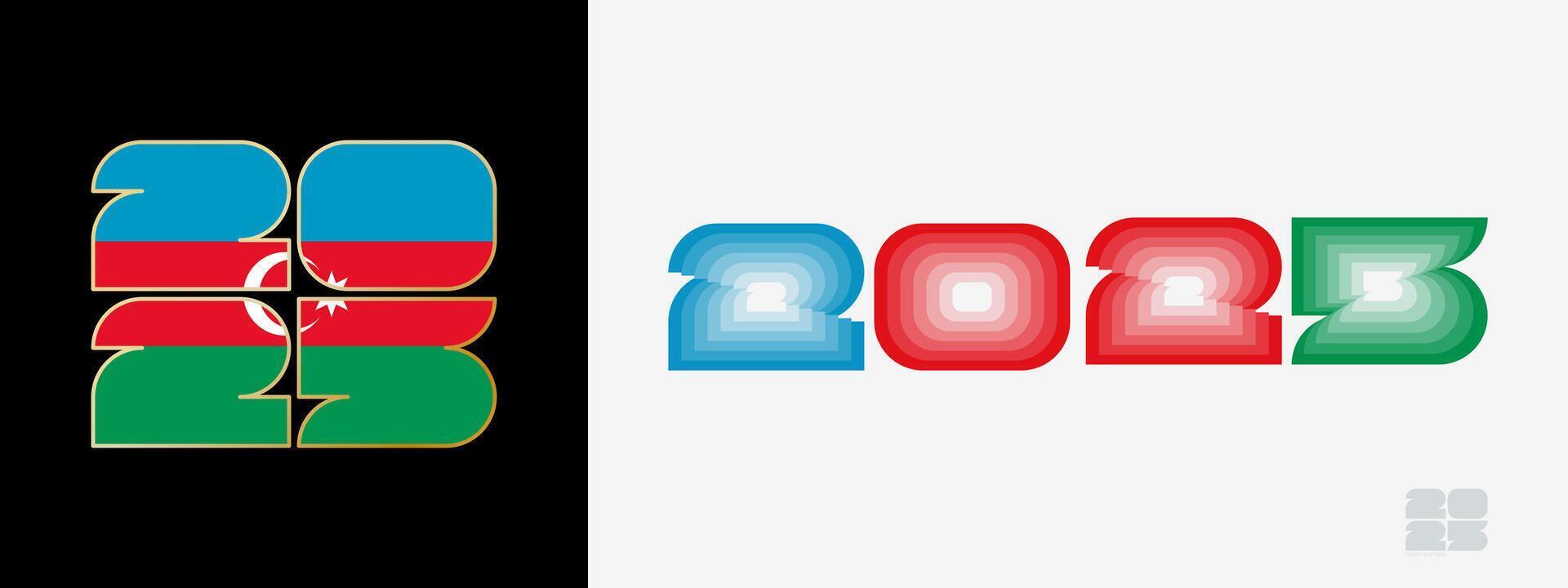 Year 2025 with flag of Azerbaijan and in color palate of Azerbaijan flag. Happy New Year 2025 in two different style. vector